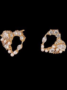 “Follow Your Heart” 18K Gold Tiny Pearl Swarovski Crystal Encrusted Adorned Stud